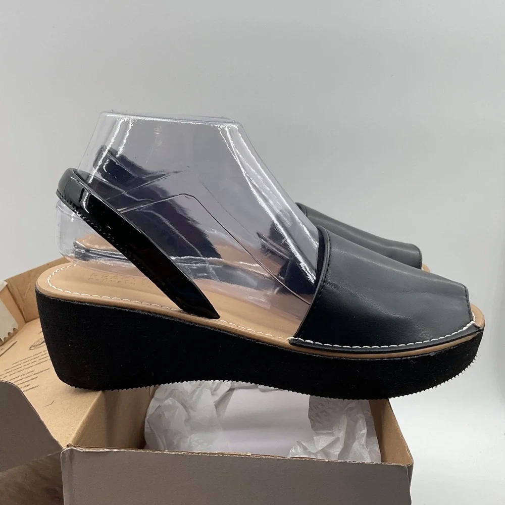 Kenneth Cole Reaction Fine Glass Black Platform Wedge Slingback Sandals 7.5